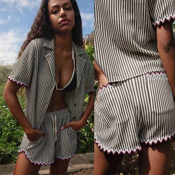 NEW Saylor Verna Crochet Knit Stripe Shorts Rickrack Trim Set Black Size: Large - Picture 11 of 11